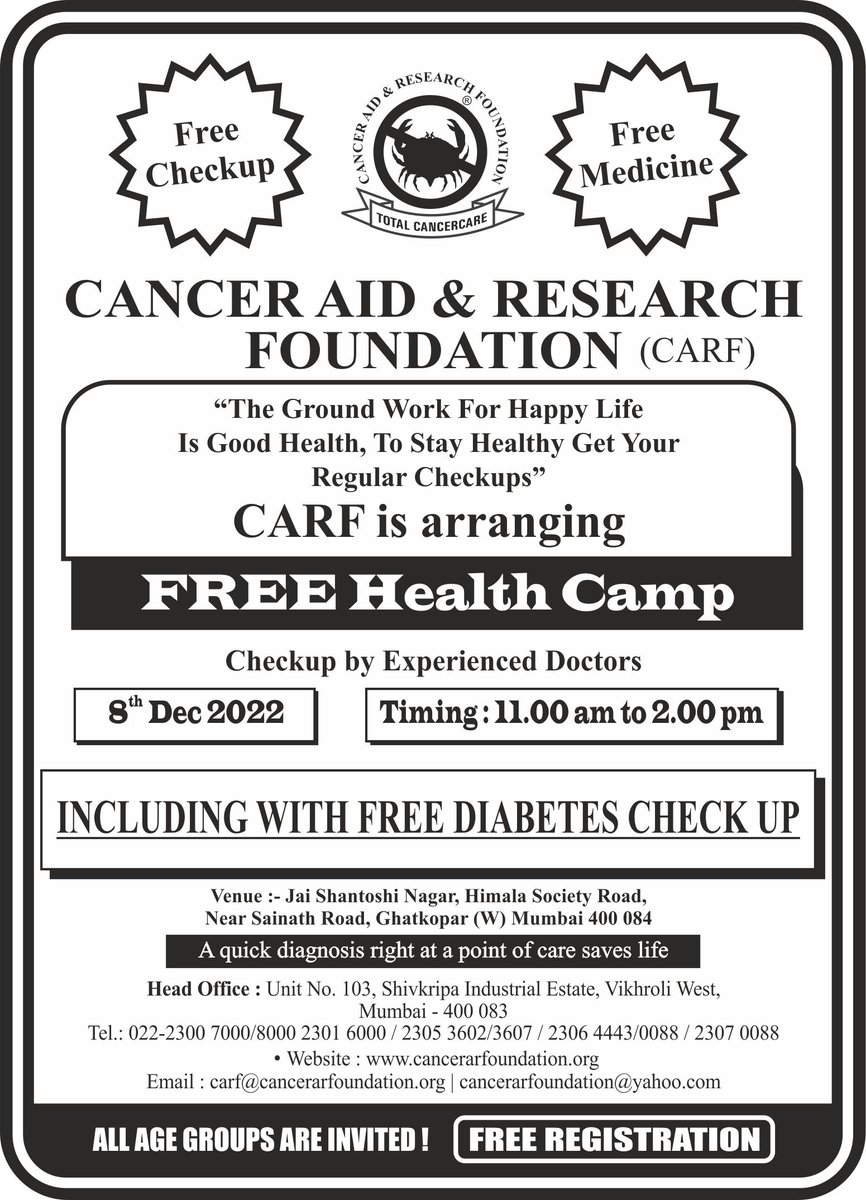 CARF3's tweet photo. Cancer Aid &amp; Research Foundation (CARF) will be holding a free medical health check up camp on 8th December 2022 (Thursday), between 11 am to 2 pm at Jai Santoshi Nagar, Himalaya society road, near Sainath school, Ghatkopar (W) – 84. 
#missionsahay #Canceraid #Carf #cancercare https://t.co/uk4Lfnf4GA