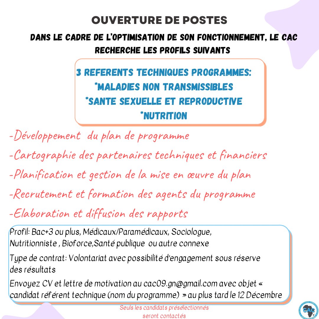 Êtes vous volontaires pour contribuer à grandir l’organisation? Le CAC est dans toute une recomposition fonctionnelle, c’est donc un bon moment de poser de bonnes bases ensemble. Merci d’envoyer votre candidature au cac09.gn@gmail.com