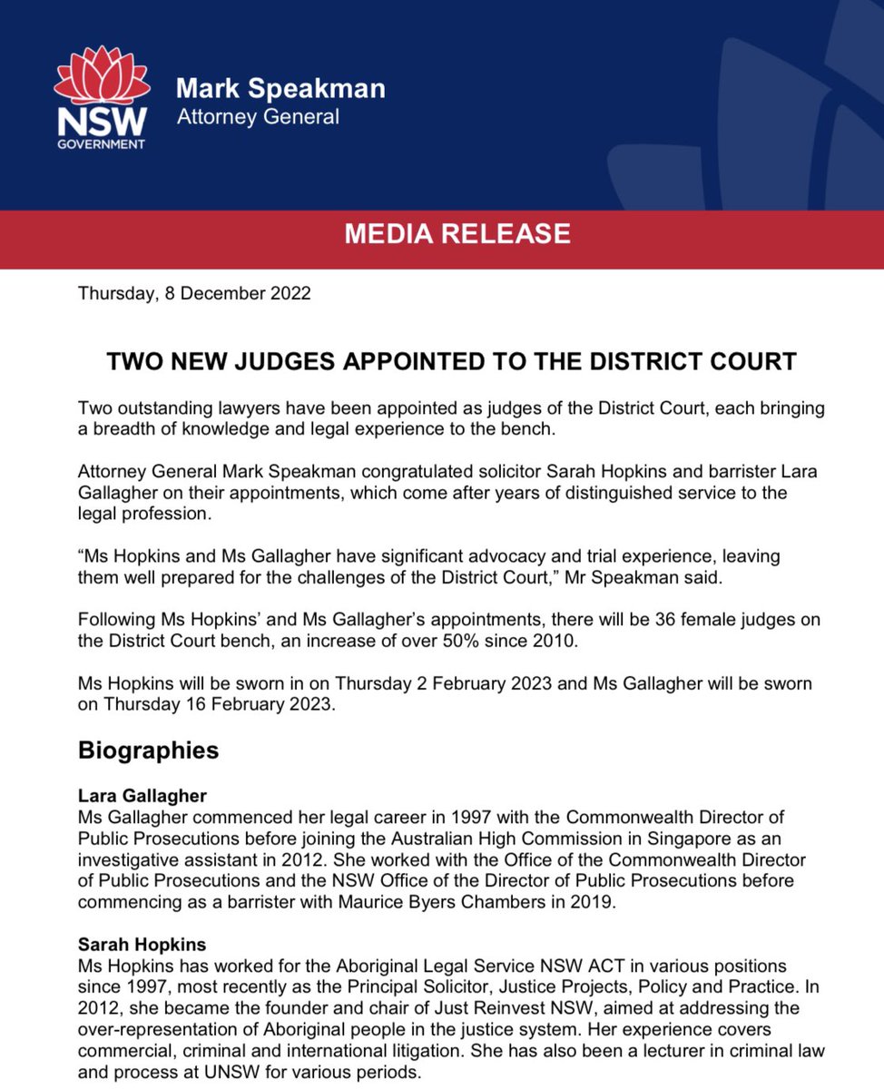 ⚖️ I congratulate solicitor Sarah Hopkins and barrister Lara Gallagher on their appointments as @NSWDstCt judges.
#nswlaw #auslaw