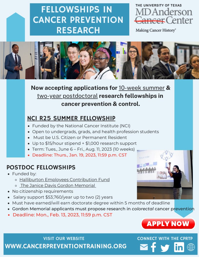 Now accepting 2-year #postdoc & 10-week @thenci #summerinternship applications in #cancer prevention research at @mdandersonnews ! Apply at cancerpreventiontraining.org #EndCancer