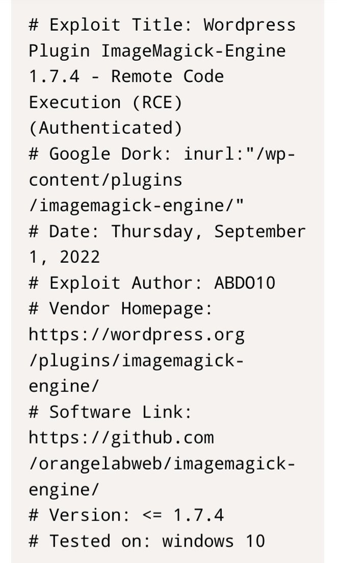 FragmentedSoul5's tweet image. #Wordpress Plugin ImageMagick-Engine 1.7.4 - Remote Code Execution #RCE
 
#GoogleDork: inurl:&quot;/wp-content/plugins/imagemagick-engine/&quot;

Source: https://www.exploit-db[.]com/exploits/51025

EDB-ID: 51025
#Hacking #infosec #Pentesting #CyberSecurity