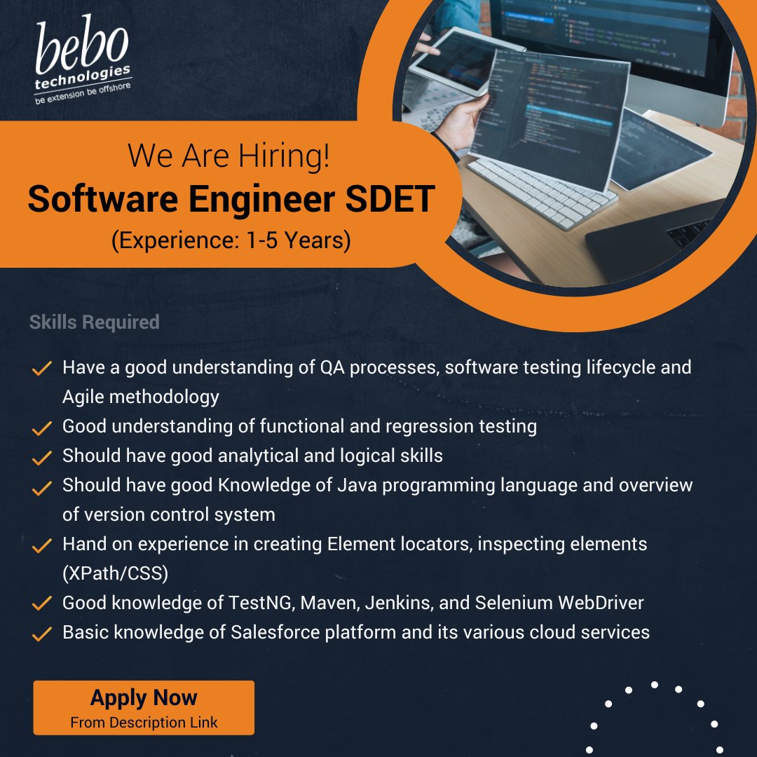 bebotechchd's tweet photo. bebo offers an equal platform to everyone who wants to grow in their career in software development and testing. Join team bebo now and work on cutting-edge tools and technologies!
Apply Here: https://t.co/U8BRbnhEKO
#sdet #sdetengineer #jobseekers #bebotechnologies https://t.co/hLHQgCu1Eh