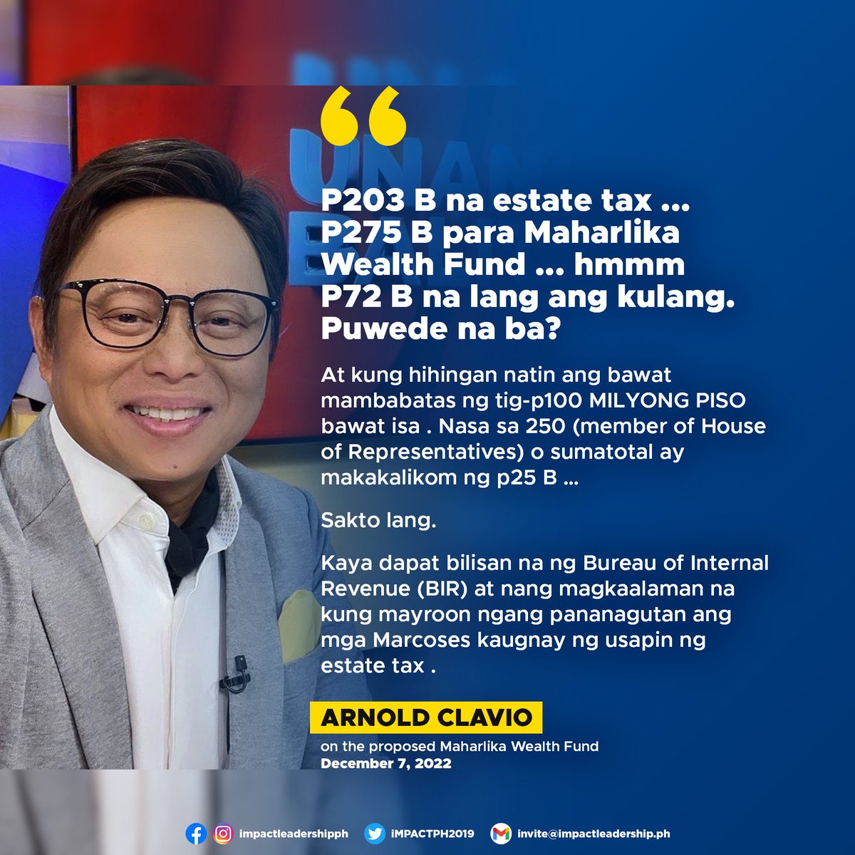 iMPACTPH2019's tweet photo. 'PUWEDE NA BA?'

Arnold Clavio reacts to the proposed Maharlika Wealth Fund.

https://t.co/z9SuJ1Wz4z https://t.co/egCE4A3pXv