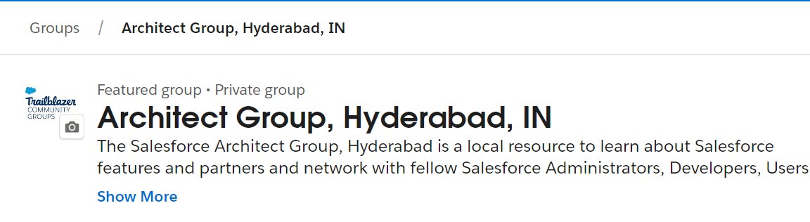 sanket kumar (@sanket539) on Twitter photo Glad to announce i have joined <a href="/HydArchitects/">Salesforce Architect Group, Hyderabad</a> as Co-leader along with <a href="/i_am_dy/">Dinesh Yadav</a>. Looking forward to connect, learn and share knowledge with Trailblazers in the region and rest of the world.
Join the Salesforce Architect Group, Hyderabad chatter group here: sforce.co/3Fb5JNc Glad to announce i have joined <a href="/HydArchitects/">Salesforce Architect Group, Hyderabad</a> as Co-leader along with <a href="/i_am_dy/">Dinesh Yadav</a>. Looking forward to connect, learn and share knowledge with Trailblazers in the region and rest of the world.
Join the Salesforce Architect Group, Hyderabad chatter group here: sforce.co/3Fb5JNc