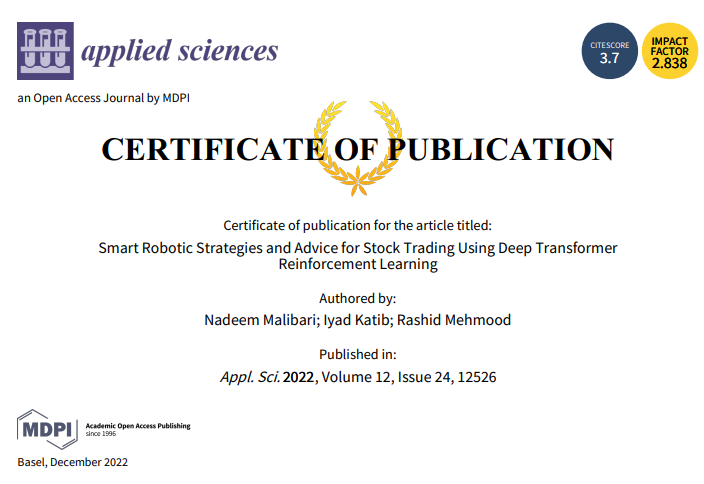 📢 2nd paper published in Special Issue "Green AI Algorithms, Methods and Technologies for Smart Cities" (Still open for submission)
🔗 lnkd.in/gtdkkhJ8

🔗 lnkd.in/gP4wcHdw

👨‍🔬 by Nadeem Malibari et al.
🏫 <a href="/kauweb/">-</a>

#SmartRobotic #Transformer #reinforcementlearning