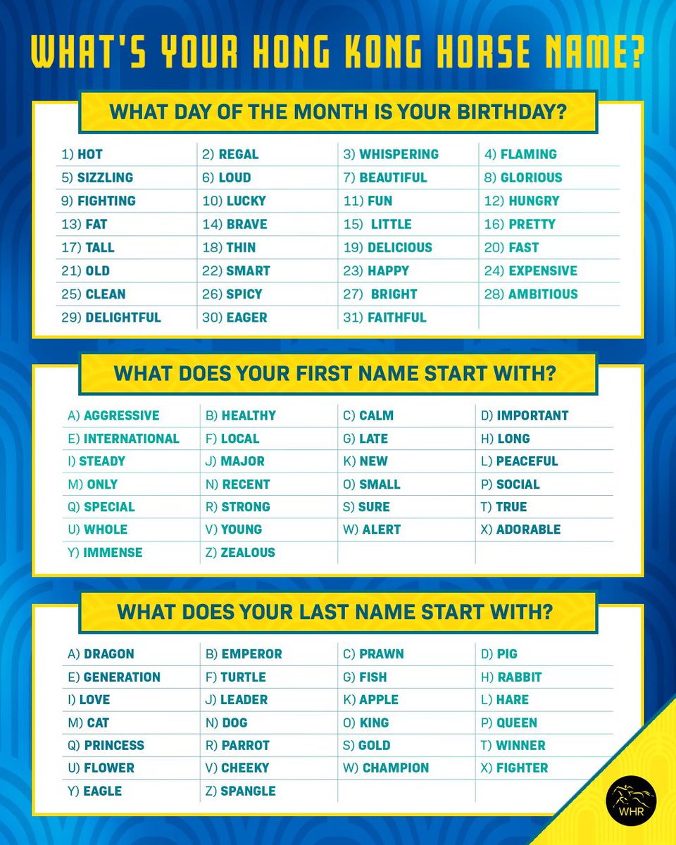 WHR's tweet image. If you were a horse in Hong Kong, what would you be named? 🇭🇰

Find out and tell us below… 👇

#HKIR | @HKJC_Racing