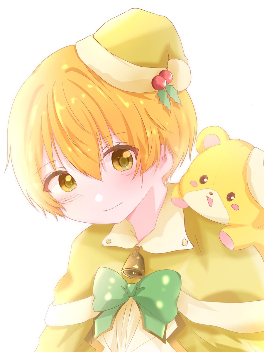 hoshizora rin hat yellow eyes blonde hair bell smile stuffed toy white background  illustration images