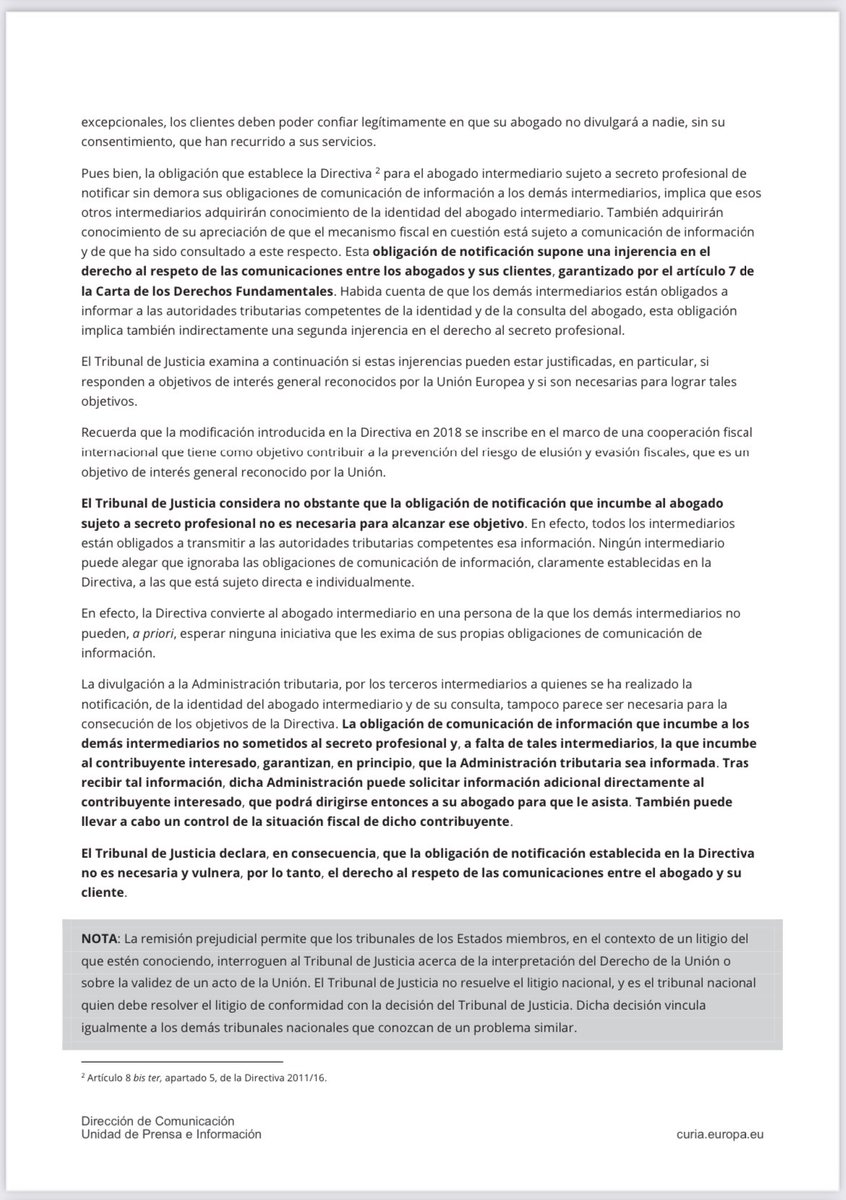 🔴 STJUE de 8/12/2022, C-694/20, Orde van Vlaamse Balies y otros.

La obligación de comunicación de información sobre planificaciones fiscales potencialmente agresivas establecida en la Directiva vulnera el derecho al respeto de las comunicaciones entre el abogado y su cliente.