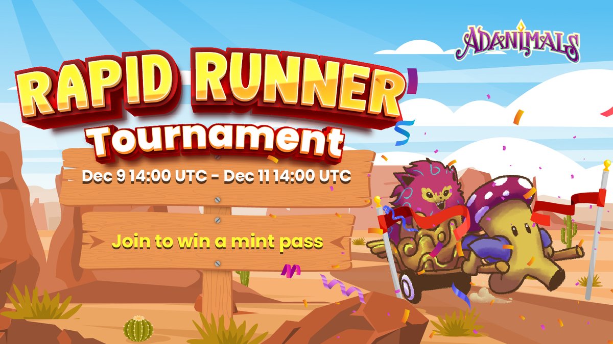 🚨Adanimals Rapid Runner Tournament is starting in 30 mins🙌🏻🔥

Get your jogging gear prepared to run in our metaverse🏃

🏆Top 10
🎁Mint Pass
⏰Dec 9 14:00 UTC to Dec 11 14:00 UTC
🔗adanimals.app/rapid_runner/