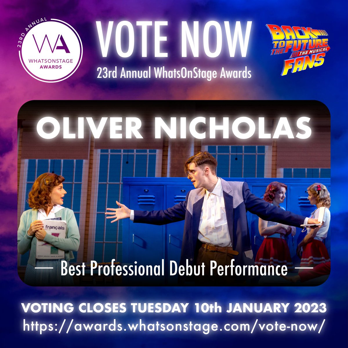 🚨 Voting is now open for the 23rd Annual <a href="/WhatsOnStage/">WhatsOnStage</a> #WOSAwards 🥳

🗳 VOTE for Oliver Nicholas (<a href="/OliverJNicholas/">Ollie Nicholas - He/Him</a>) in the BEST PROFESSIONAL DEBUT PERFORMANCE category for his outstanding debut as #GeorgeMcFly

👉 awards.whatsonstage.com/vote-now/

#bttfmusical #backtothefuturemusical