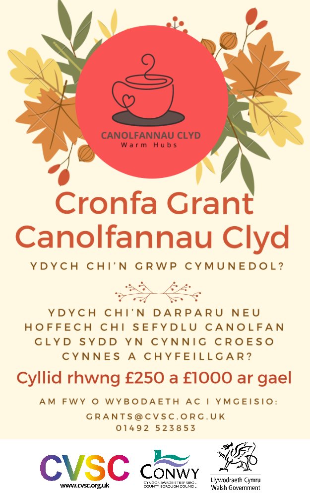 conwyvol's tweet photo. Mae Cyngor Bwrdeistref Sirol Conwy mewn partneriaeth a Chymorth Cymunedol a Gwirfoddol Conwy (CGGC) yn darparu cyllid Canolfannau Clyd Llywodraeth Cymru (LLC). Gwnewch gais am grant rhwng £250 a £1000 Dyddiad cau 09/12/22 Cysylltwch a grants@cvsc.org.uk #grantiau #canolfannauclyd https://t.co/JS9JI98m3o