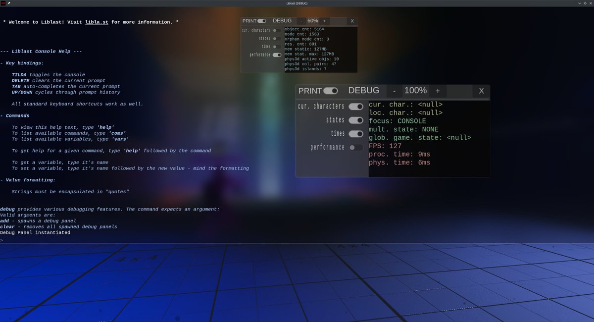 unfa's tweet image. I've made a spawnable, customizable Debug Panel for #Liblast.

You can manage them from the console (~) using `debug` command.

`debug add` instantiates a panel
`debug clear` frees all panels
`debug hide` makes all panels invisible
`debug show`… mastodon.social/@unfa/10946963…