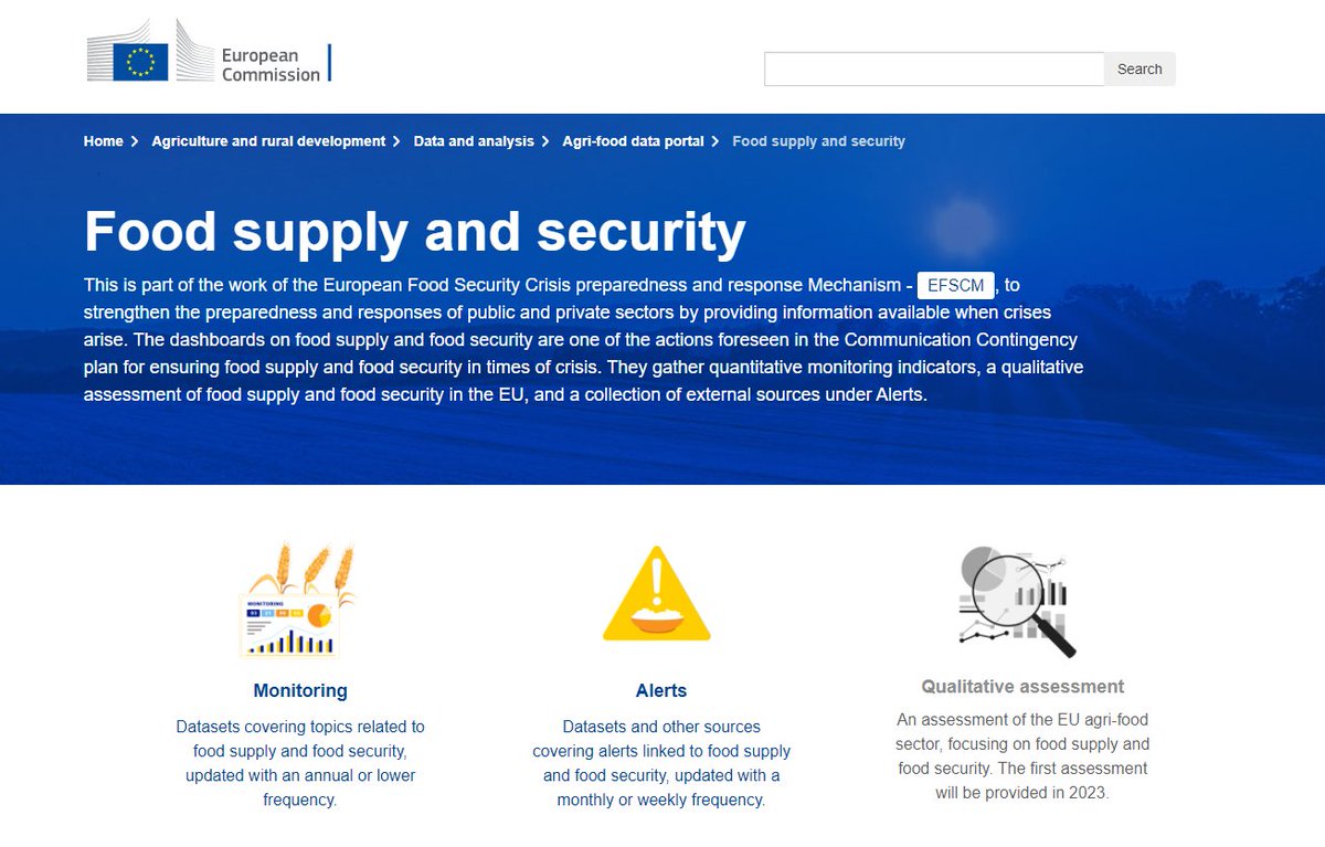 Today we launched a new online dashboard to monitor food supply and #FoodSecurity in the EU.

It will include:
- rates of food inflation per type of food &amp; per country
- details on EU households’ food spending per country &amp; per income level.
➡️europa.eu/!kDpffN
#AgriOutlook