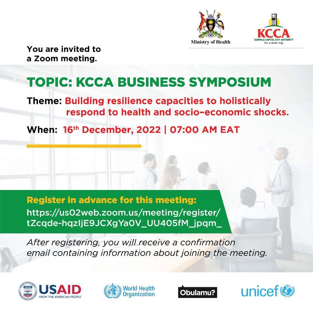 KCCAUG's tweet photo. We cordially invite you to a zoom meeting on “KCCA Business Symposium” slated for 16 December 2022 (7am). 

Use the link to register https://t.co/xSw9iYXIuz
#KlaSmartCity #ForABetterCity https://t.co/93nKXUAIHV