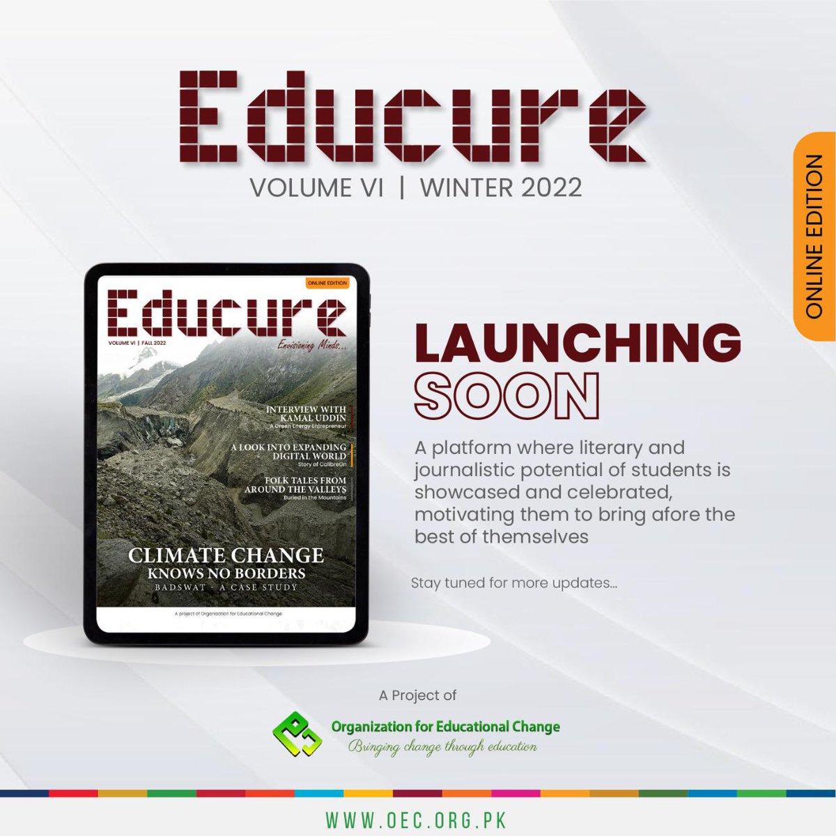 tanzilparwak's tweet photo. @TheOECOnline is soon launching the new edition of 'Educure Magazine' featuring folklore hidden in the mountains, meaningful talks and insightful opinions on Climate Change and a peek into the future of technology.
#EducureVI #oec2022 #educure #folklore #climatechange https://t.co/ysmfro6JKy