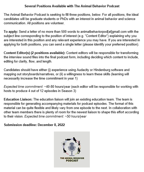 Last day to apply for a new role with the Animal Behavior Podcast! 

We're looking for 3 new people to join our team for Season 3, so if you or anyone you know is enthusiastic about animal behavior and #scicomm get in touch today! 🐙 🐢 🦗 🐌

Details below 👇