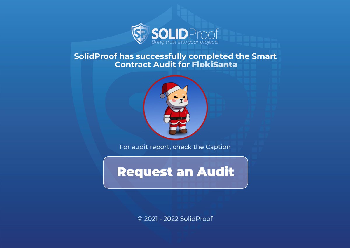 SolidProof_io's tweet image. We are happy to announce that we have completed the smart contract audit for @RealFlokiSanta

The Team also succeeded our KYC process.

Need an audit?
solidproof.io/contact

Check out the full audit report here:
app.solidproof.io/projects/floki…

#SmartContracts #Blockchain
