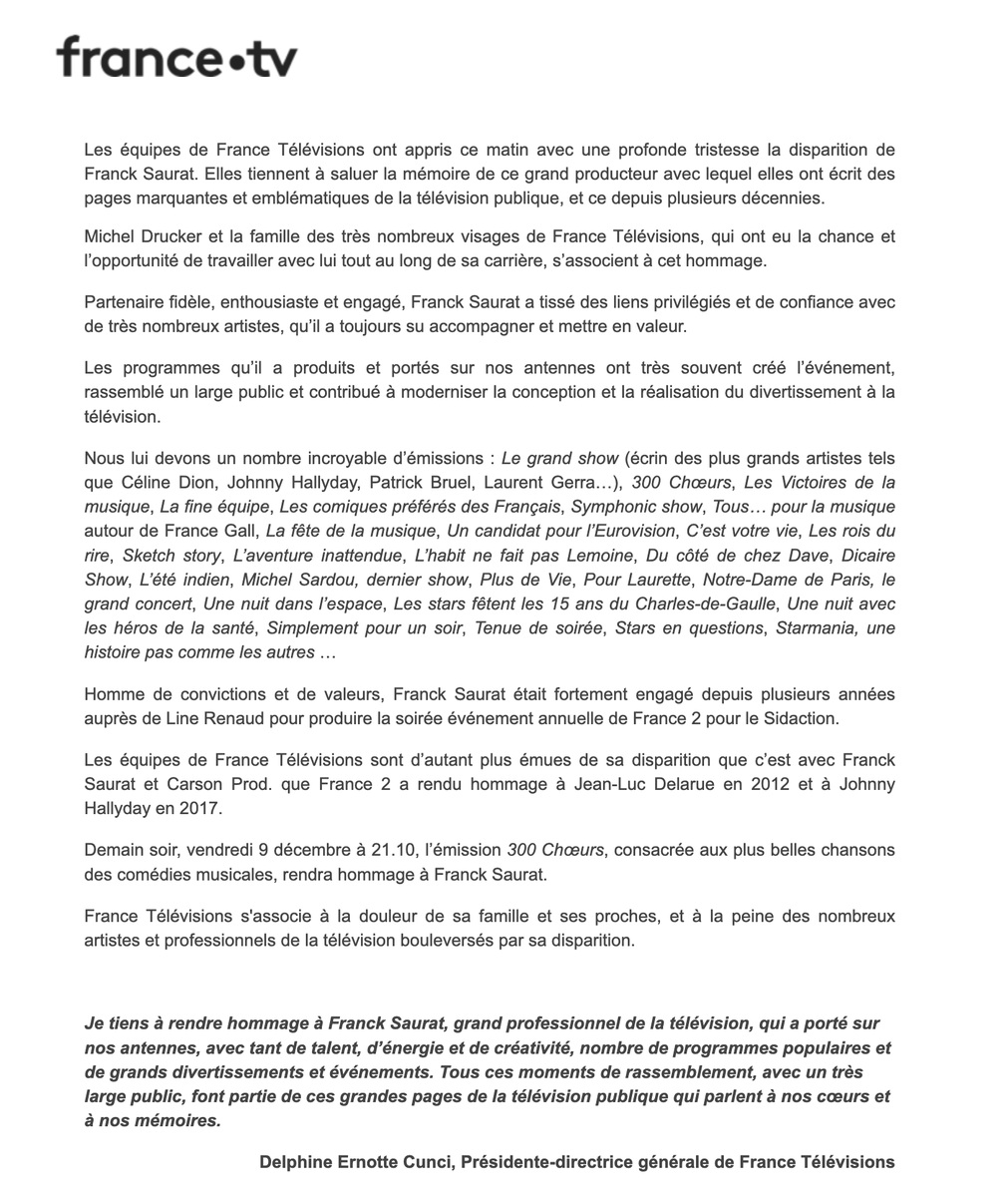 France Télévisions salue la mémoire de #FranckSaurat
Le comm' :