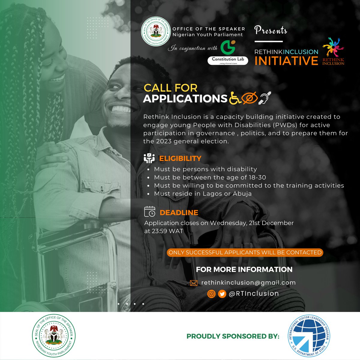 RTInclusion's tweet photo. Are you a young person with disability? Do you wish to participate in politics? Are you having concerns about how to vote in the coming election?
Click the link to participate:
https://t.co/Hw724bgIW6
#RethinkInclusion
#RethinkInclusion2023
#DrivePWDInclusion
#Wevote https://t.co/QTPzlCBfCY