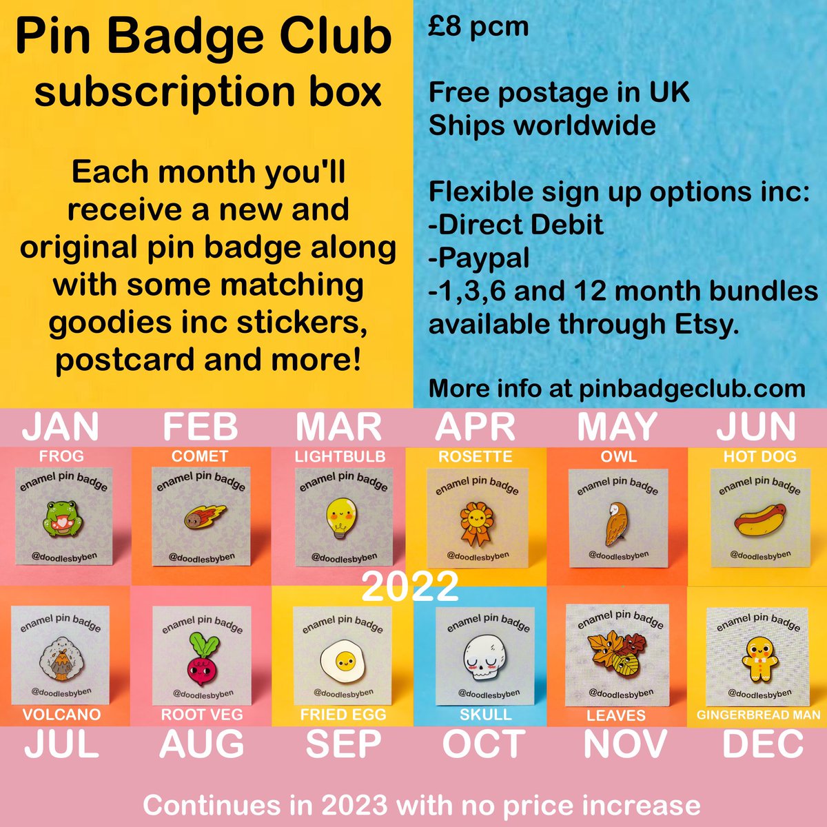 ben_cameron's tweet photo. #PinBadgeClub 2022 is complete! I'm so excited to continue in 2023.
The January box extra goodies include fridge magnet, postcard, sticker, bookmark PLUS a whole extra pin badge!

DMs open for Qs, more info/sign up options here: https://t.co/op2u4liVRD / https://t.co/BPacEjUuwI https://t.co/gkRMAJaiAq