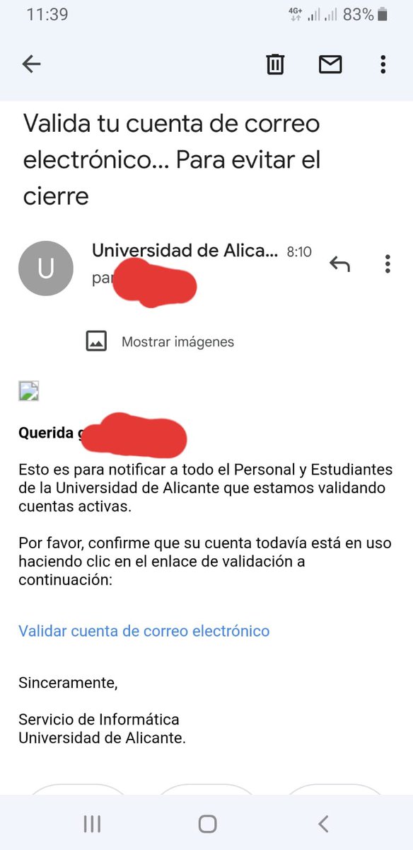 ❗️Si sois de la UA - Universidad de Alicante y recibís un correo como el de la imagen 😏, ¡ni caso! ❌ Es phishing. 
Si habéis pinchado en la url y escrito vuestra contraseña, 😱cambiadla inmediatamente. 
Y quien no tenga instalado el antivirus:
si.ua.es/es/entorno-de-… 😉