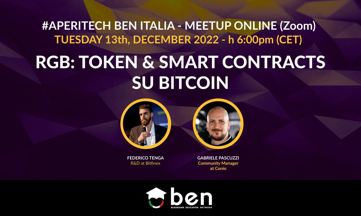 📅 Il 13 Dicembre, dalle 18:00, torniamo con un nuovo evento #AperiTech online su #RGB.

🔎 Insieme a <a href="/FedericoTenga/">Federico Tenga</a> e <a href="/Gabpascu/">Ga₿riele ⚡️</a> spiegheremo l'emissione di asset fungibili e Smart-Contract su #Bitcoin attraverso #RGB.

👉 Registrati da qui: buff.ly/3F1RLgq
#BlockchainE…