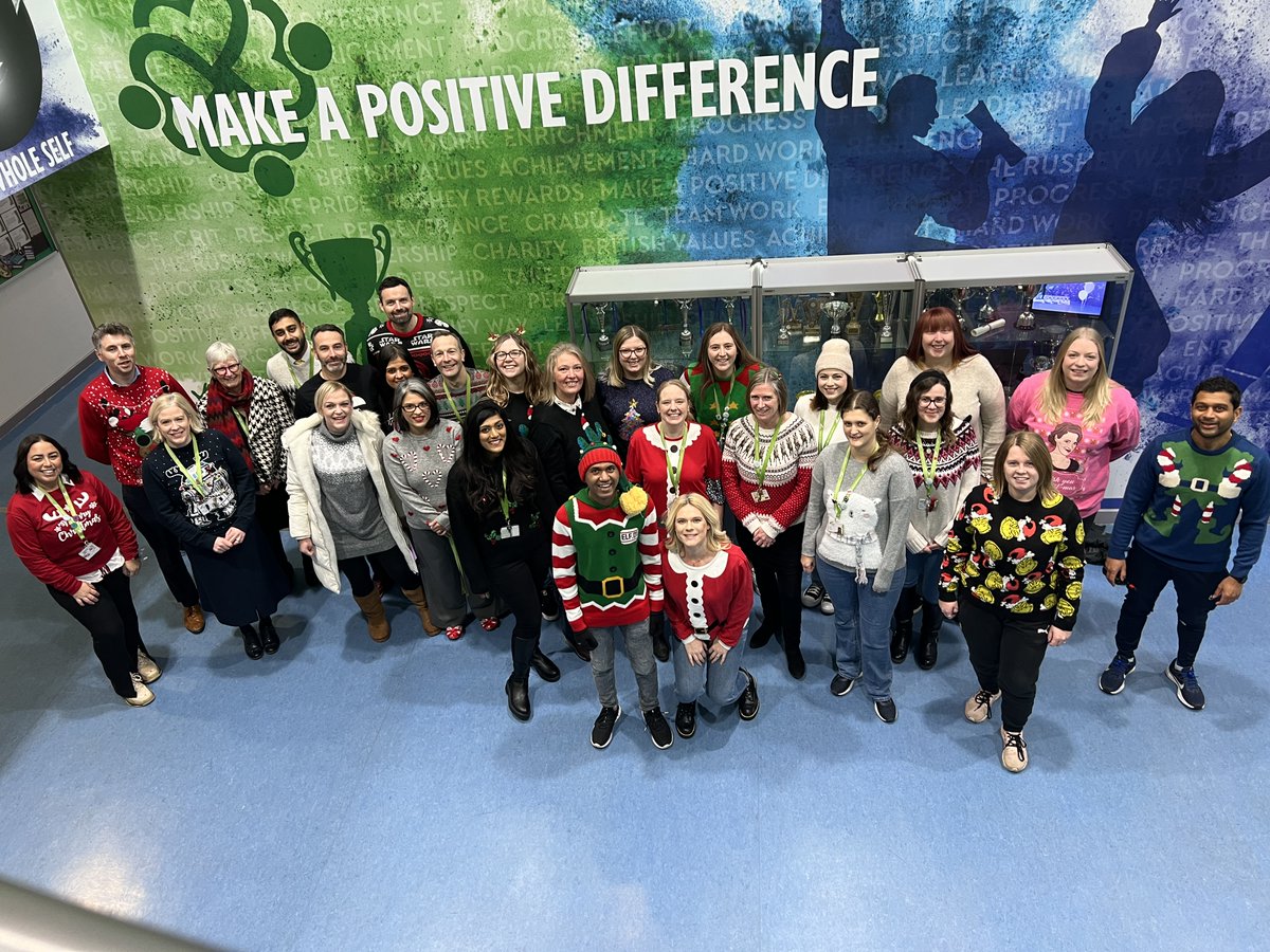 RusheyMeadAcad's tweet photo. Happy Christmas jumper day from everyone at 
Rushey Mead Academy, plus a few special guests! 
@CastleMeadAcad @TMETrust @Mead_Institute 
#ChristmasJumperDay https://t.co/f37MfDcNQ1