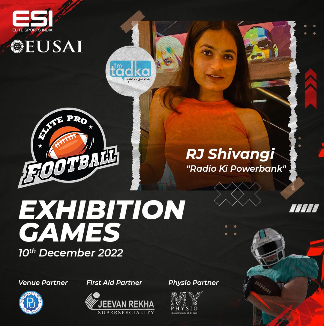 A radio sensation and a vocal powerhouse - RJ Shivangi will join us to host the Elite Pro Football Exhibition Games🏉
#americanfootball #Esi #eusai #exhibitiongames #football #profootball #competetivefootball #offence #defence #quarterback #footballinIndia #poornimapanthers