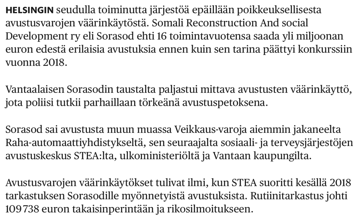 Kun nettiaktivistit tutkivat STEAn somaliyhdistyksille jaettuja tukia, se on oikeistolaista öyhöttämistä ja rasismia. 

Kun HS tekee samaa, se on "tutkivaa journalismia". 

En edes tiennyt yhdistyksen voi hakea konkurssiin, mutta eipä yllätä sekään. 

Miljoona euroa tukia!