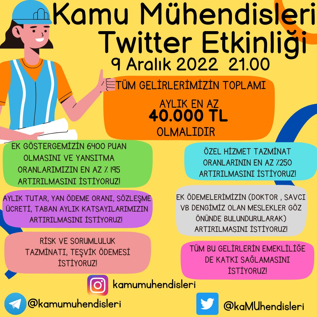 Yarın 21:00 da Kamu Mühendislerinin özlük hakları için etkinliğimiz olacaktır. Bütçeden Kamu Mühendislerine pay verilmesini istiyor ve kendimizi tekrar hatırlatıyoruz... 
<a href="/MemurSenKonf/">Memur-Sen</a> <a href="/Kamu_Sen/">Türkiye Kamu-Sen</a> <a href="/memurlarnet/">MemurlarNet</a> <a href="/vedatbilgn/">Vedat Bilgin</a> <a href="/NureddinNebati/">Dr.Nureddin NEBATİ🇹🇷</a> <a href="/RTErdogan/">Recep Tayyip Erdoğan</a> <a href="/fuatoktay/">Fuat Oktay</a> <a href="/dbdevletbahceli/">Devlet Bahçeli</a>