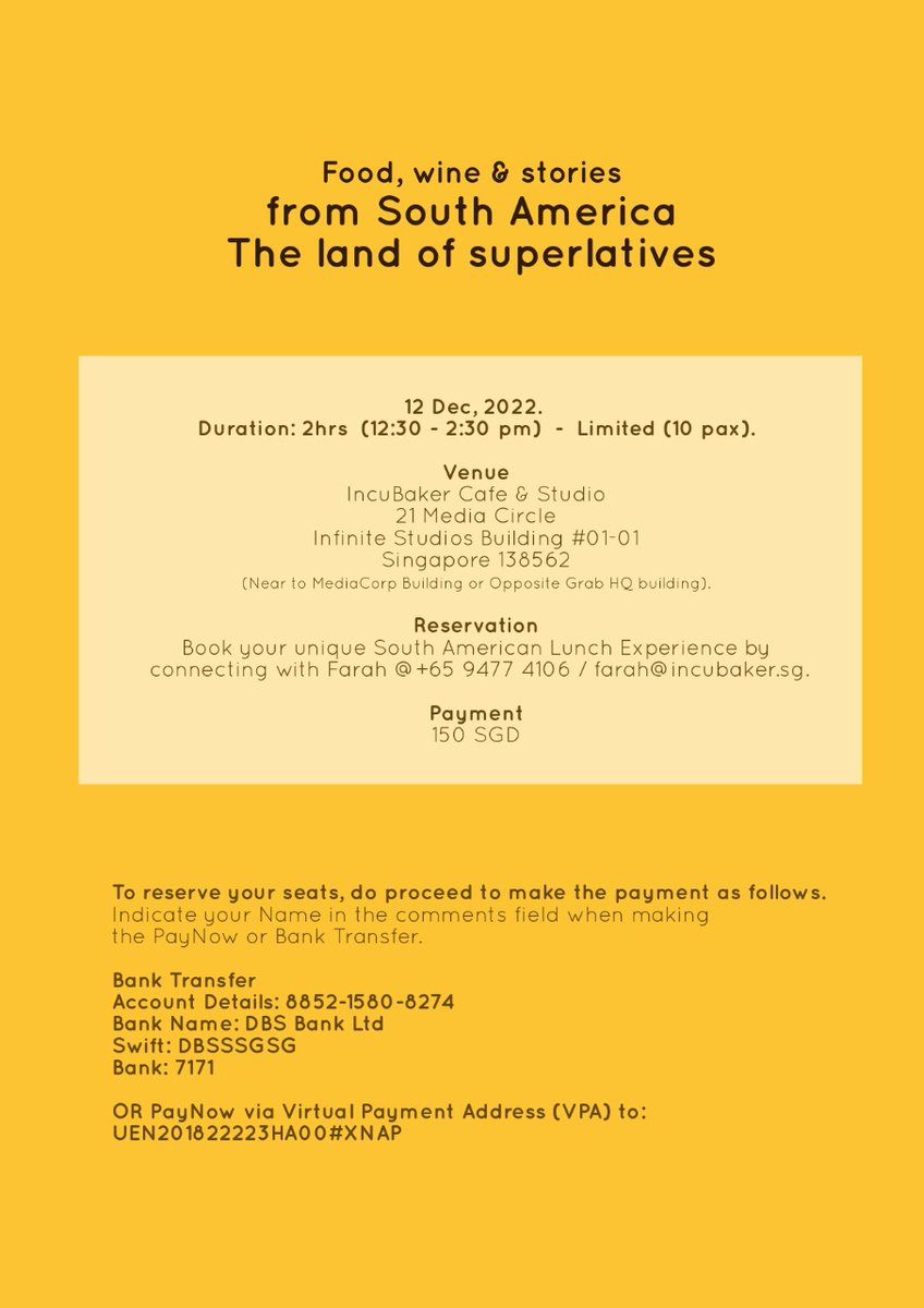 Chile_Singapur's tweet photo. Don't miss this unique and delicious South American and 🇨🇱 F&amp;B experience. Dec 12th, lunchtime!
It's brought to 🇸🇬 by Carolina Carriel, a Chilean cook, scientist and tour guide of Chilean food and wine, who leads R&amp;D at foodtech @thelivegreenco 

📌 https://t.co/hvaBbQNvVS https://t.co/R7OdujT0GO