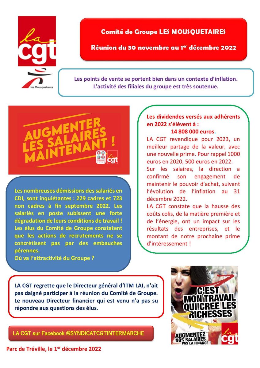 Information de la #CGT du Comité de Groupe LES MOUSQUESTAIRES. 
2 jours de réunion avec beaucoup d'interpellations vers la Direction du Groupe sur les salaires, le maintien de notre pouvoir d'achat, et des investissements pour de bonnes conditions de travail. #Intermarché