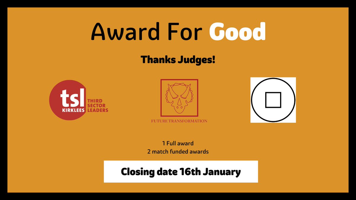 Agency For Good (@agencyfg) on Twitter photo A huge thanks to our judges for our 2nd quarterly award to #charities and #socialenterprises
The judges will be from these 3 great social minded organisations - <a href="/tslkirklees/">Third Sector Leaders Kirklees</a> <a href="/discovertaichi/">Discover Tai Chiโข</a> <a href="/Future_T_org/">Future Transformation</a>
Applications and information here - agencyforgood.co.uk/agency-for-gooโฆ A huge thanks to our judges for our 2nd quarterly award to #charities and #socialenterprises
The judges will be from these 3 great social minded organisations - <a href="/tslkirklees/">Third Sector Leaders Kirklees</a> <a href="/discovertaichi/">Discover Tai Chiโข</a> <a href="/Future_T_org/">Future Transformation</a>
Applications and information here - agencyforgood.co.uk/agency-for-gooโฆ