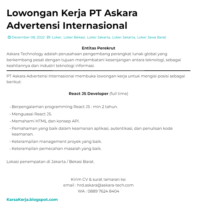 KarsaKerja's tweet photo. Lowongan Kerja Jakarta/Bekasi di PT Askara Advertensi Internasional, posisi React JS Developer.
Lihat: https://t.co/FiUBBFb3hB

#infoLoker #lowonganKerja #lokerJakarta #lokerJawaBarat #lokerBekasi #lowonganKerjaBekasi #ReactJS #ReactDeveloper #lokerIT https://t.co/kj69fI14SZ