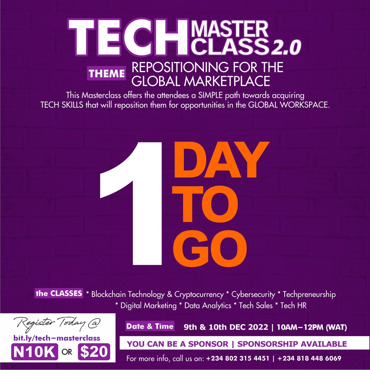 MasterclassTech's tweet image. JUST ONE DAY TO GO!

If you haven&apos;t registered, simply click the link below:
bit.ly/tech-mastercla…

And if you can&apos;t afford the fees, just reach out to us, we have willing sponsors.

You don&apos;t want to miss this!
