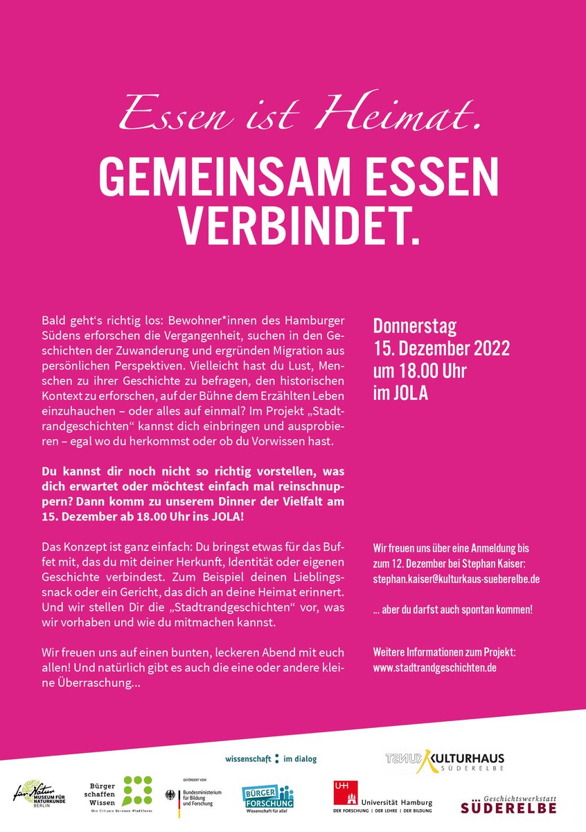 +++ EINLADUNG +++
Am 15. Dezember findet unser Dinner der Vielfalt statt. Denn Essen ist Heimat und gemeinsam essen verbindet. Dabei könnt ihr die Stadtrandgeschichten und die Mitmach-Möglichkeiten kennenlernen. Wir freuen uns auf viele Menschen aus Süderelbe! 😍 #citizenscience