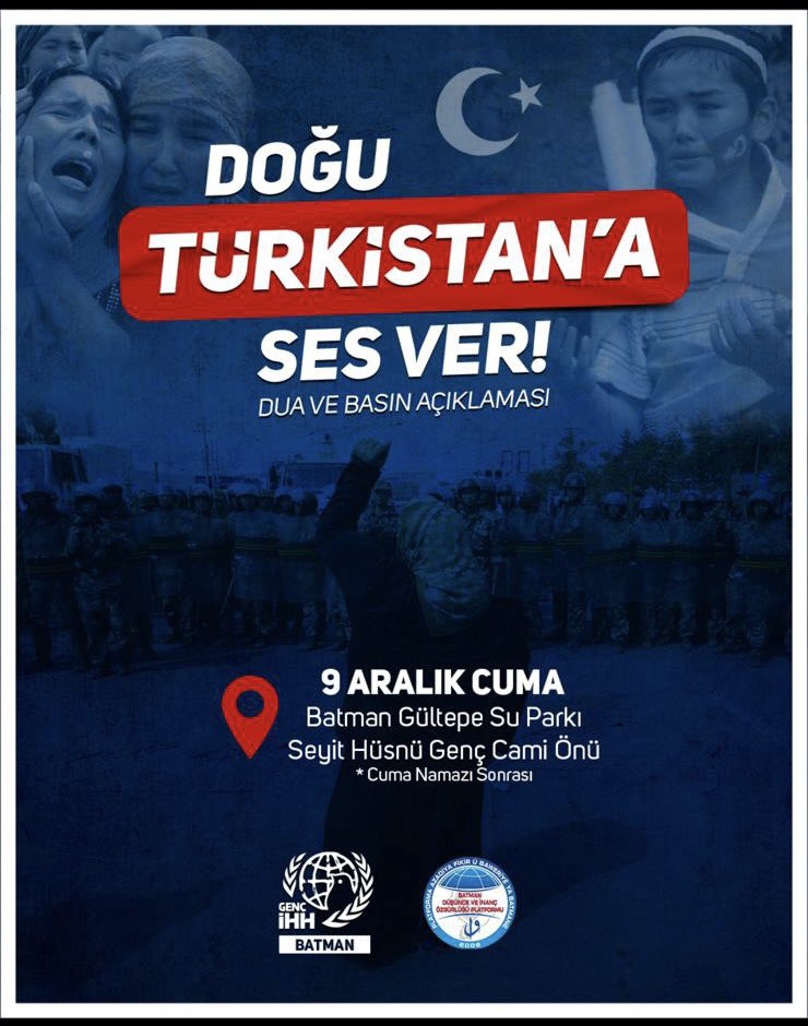 Çin zulmü altındaki Doğu Türkistanlı kardeşlerimizin sesi oluyoruz!
Cuma namazı sonrası düzenleyeceğimiz dua ve basın açıklamalarına davetlisiniz.

🗓 9 Aralık 2022
🕖 Cuma Namazı Sonrası
📍 Batman Su Parkı Camii 

Tüm Türkiye’de kardeşlerimiz için dua edeceğiz!