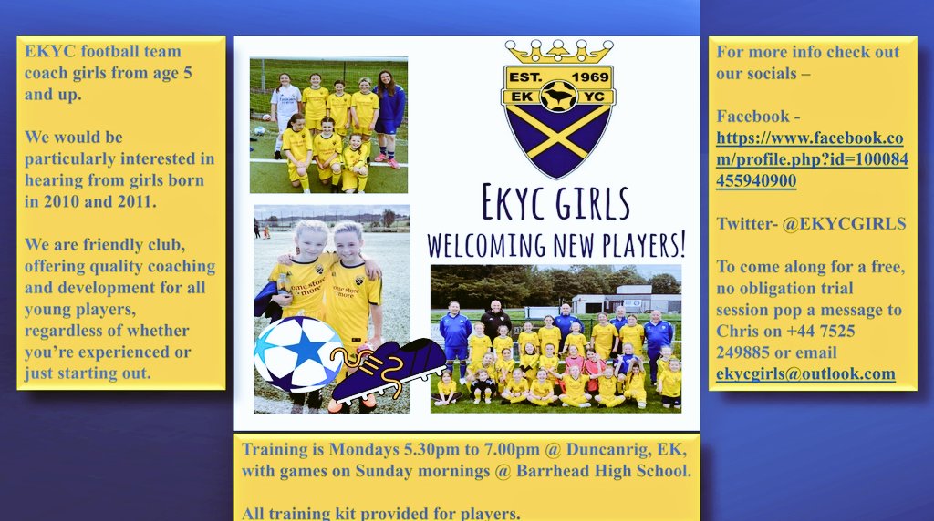 EkycGirls's tweet photo. 💛New Players Wanted💙
⚽️All Welcome⚽️
!!Especially looking for new players for new u12s team in 2023!! https://t.co/ttMiyoX4Gt