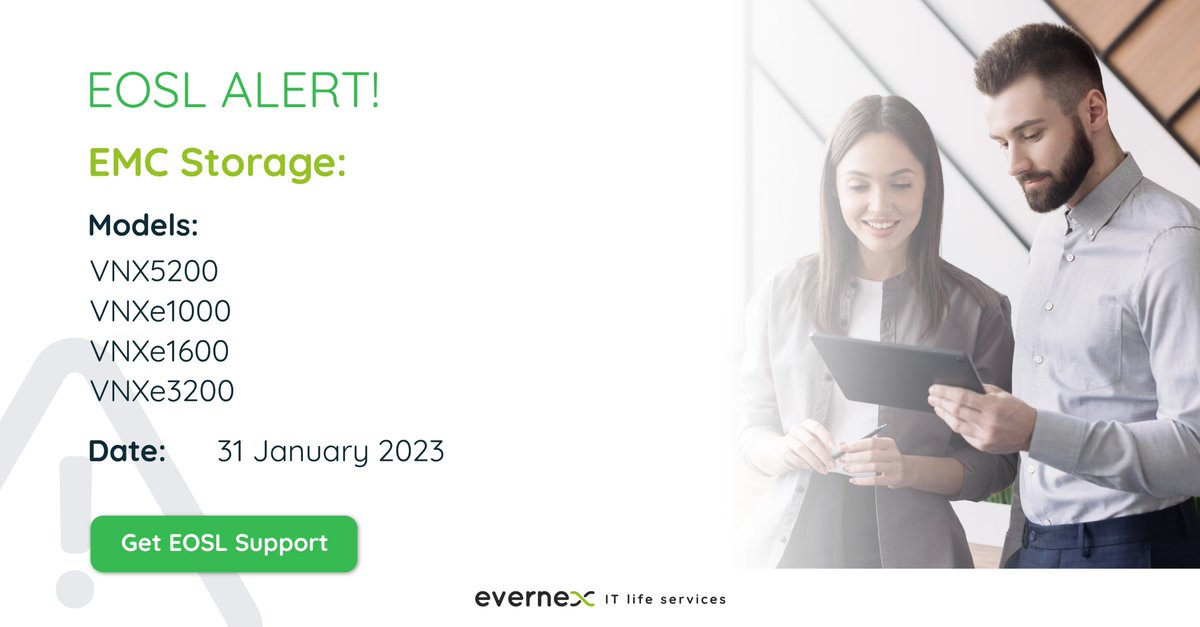 #EOSL Update: Several #EMC storage devices will reach their End-of-Service-Life date on 31 January 2023. Extending your support with Evernex, will enable great cost-savings and improved ROI. Contact us for EOSL support: bit.ly/3FD42JT