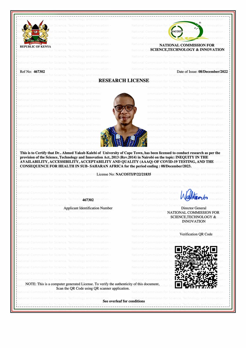 DrAhmedKalebi's tweet photo. I’m absolutely thrilled and thankful to share the fantastic news that I’ve been granted Research License by NACOSTI to proceed with conducting my #PhD study from UCT here in Kenya, thus I can now embark on field interviews at relevant government offices/units #PhDJourney #PhDLife https://t.co/dLM4uUeGQw