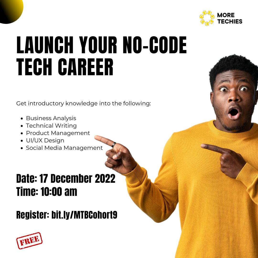 MoreTechies's tweet image. You need to be here!

Do you find it difficult to launch your no-code tech career?
Do you still have doubts as regards the course to take?
Do you think 🤔 getting into no-code tech is stressful?

Then, you need to be here!

Lock your spot now!
bit.ly/MTBCohort9

See ya 😊