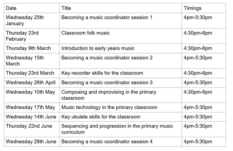 CambsMusic's tweet photo. Check out the list of the CPD events we are delivering at our centre in Histon. Contact us today for more details. #CPD #MusicEd https://t.co/zJ9eaChmAq