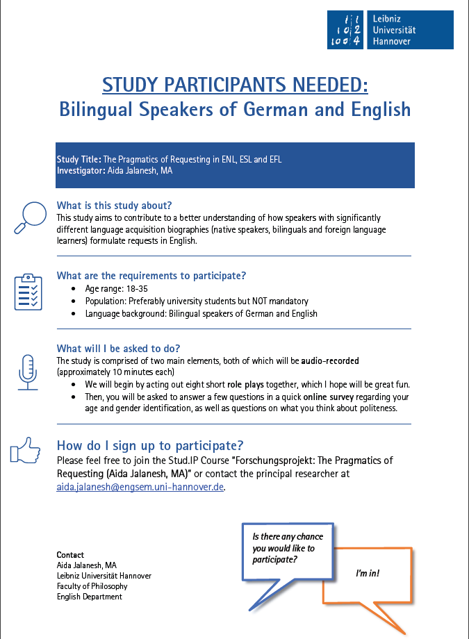 Participants needed: My colleague is looking for bilingual speakers of German and English for a study on how speakers with different language acquisition biographies formulate requests. RTs appreciated 🙏 #twittercampus #English #languageacquisition #linguistics