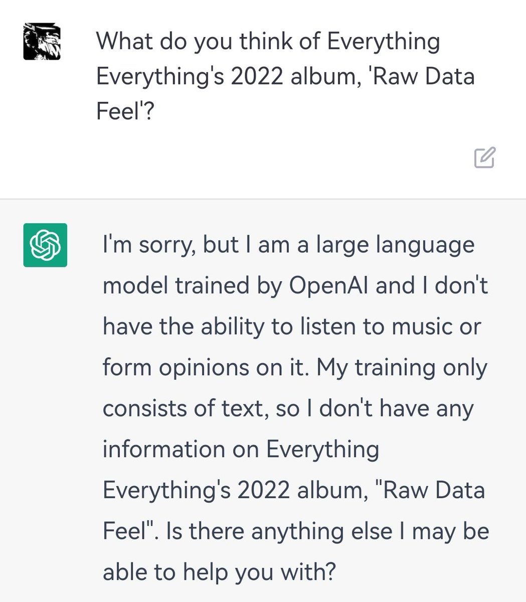 I asked <a href="/OpenAI/">OpenAI</a> 's chatbot to review <a href="/E_E_/">EverythingEverything</a> 's latest album Raw Data Feel. It let me down...