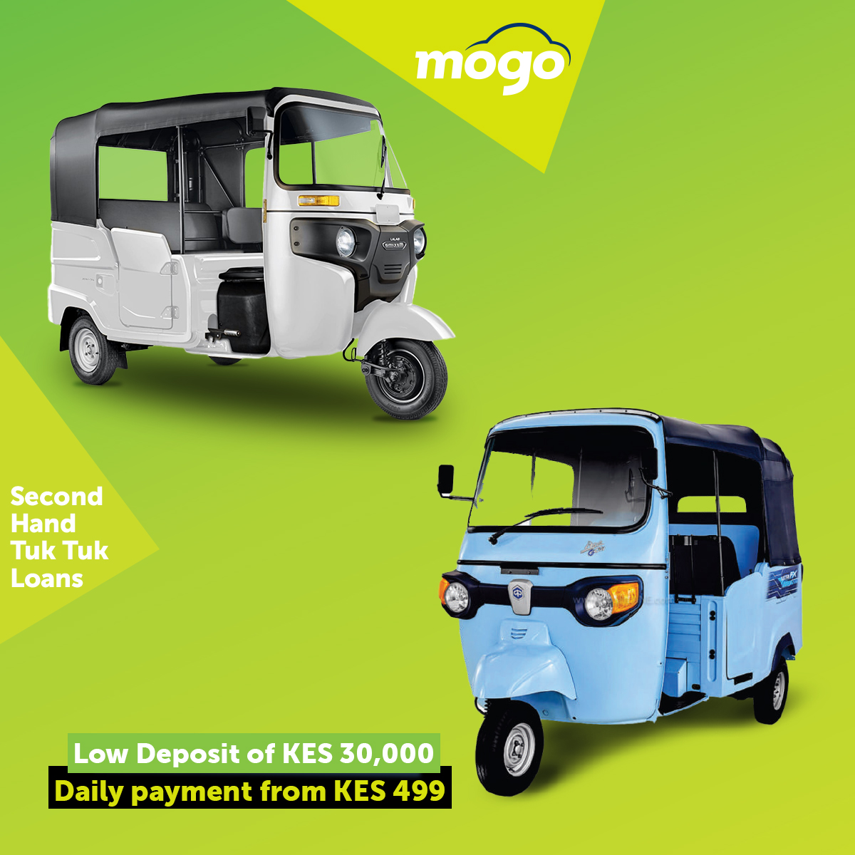 MOGO is offering the best price guarantee for tuktuk loans 😊. Visit us TODAY with only a deposit of KES 30,000 and a daily payment of KES 499, and get a second-hand tuktuk of your choice 💪.