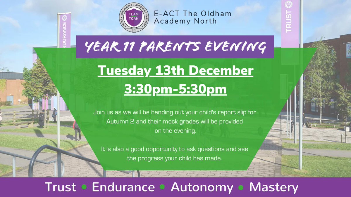 OldhamAcademy's tweet image. Calling all Year 11s and Year 11 parents!
We would like to invite you to our Year 11 Parents Evening where we can offer you and your child guidance and support with their GCSE's by providing mock grades and report slips for Autumn 2. #TEAMTOAN