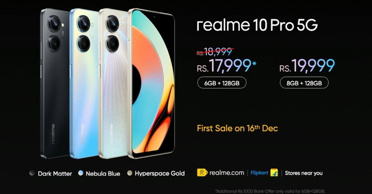 realmeIndia's tweet photo. realme 10 Pro 5G
Available in
👉6GB+128GB, INR 17,999
👉8GB +128GB, INR 19,999

Avail some amazing discounts through bank
offers.

The first sale begins on December 16, 12:00 PM!

#realme10ProSeries5G #realme10Pro5G #CurvedDisplayNewVision https://t.co/Gns2OHevjV