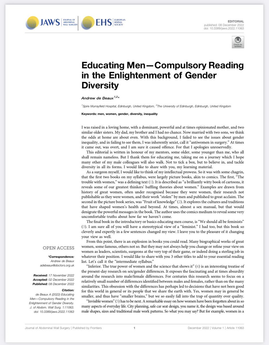acdebeaux's tweet image. It’s out!  In time for Xmas. In @JoAWSurgery Educating men-compulsory reading in the enlightenment of gender diversity. Hope it helps - was an interesting journey for me. doi.org/10.3389/jaws.2…