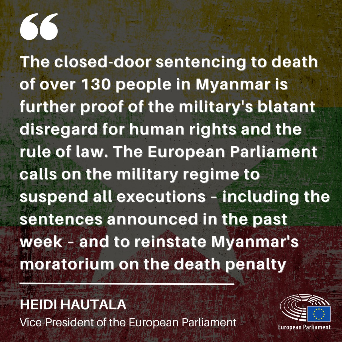 EPinASEAN's tweet photo. European Parliament Vice-President @HeidiHautala calls on #Myanmar's military regime to immediately commute all death sentences in the country, incl. those recently handed down against ten people. The EU is unequivocal in its opposition to the death penalty in all circumstances https://t.co/r1pFdzwNo8