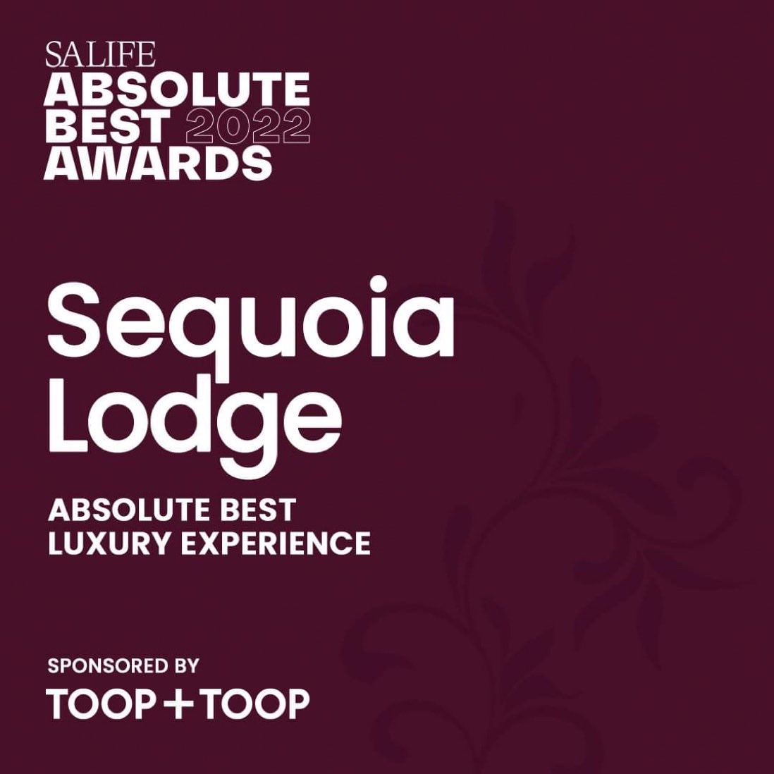The <a href="/SALIFEmagazine/">SALIFE Publications</a> Absolute Best Award for Best Luxury Experience sponsored by <a href="/ToopandToop_/">Toop&Toop</a> goes to Sequoia Lodge #SALIFEAbsoluteBestAwards